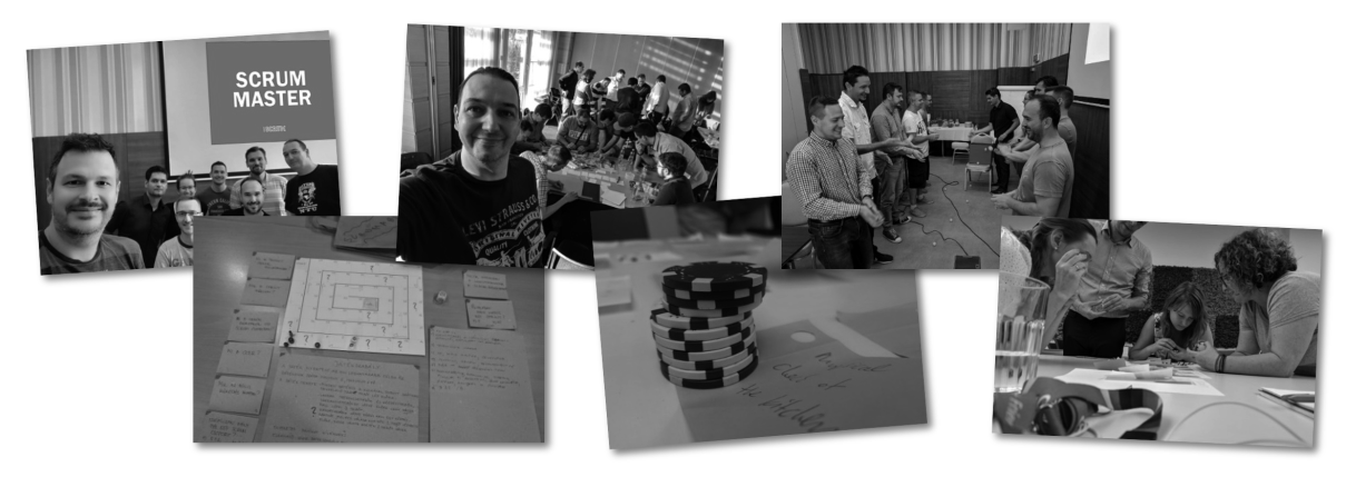 Photo montage about fun moments from agile training events, people playing games, engaging in fun activities